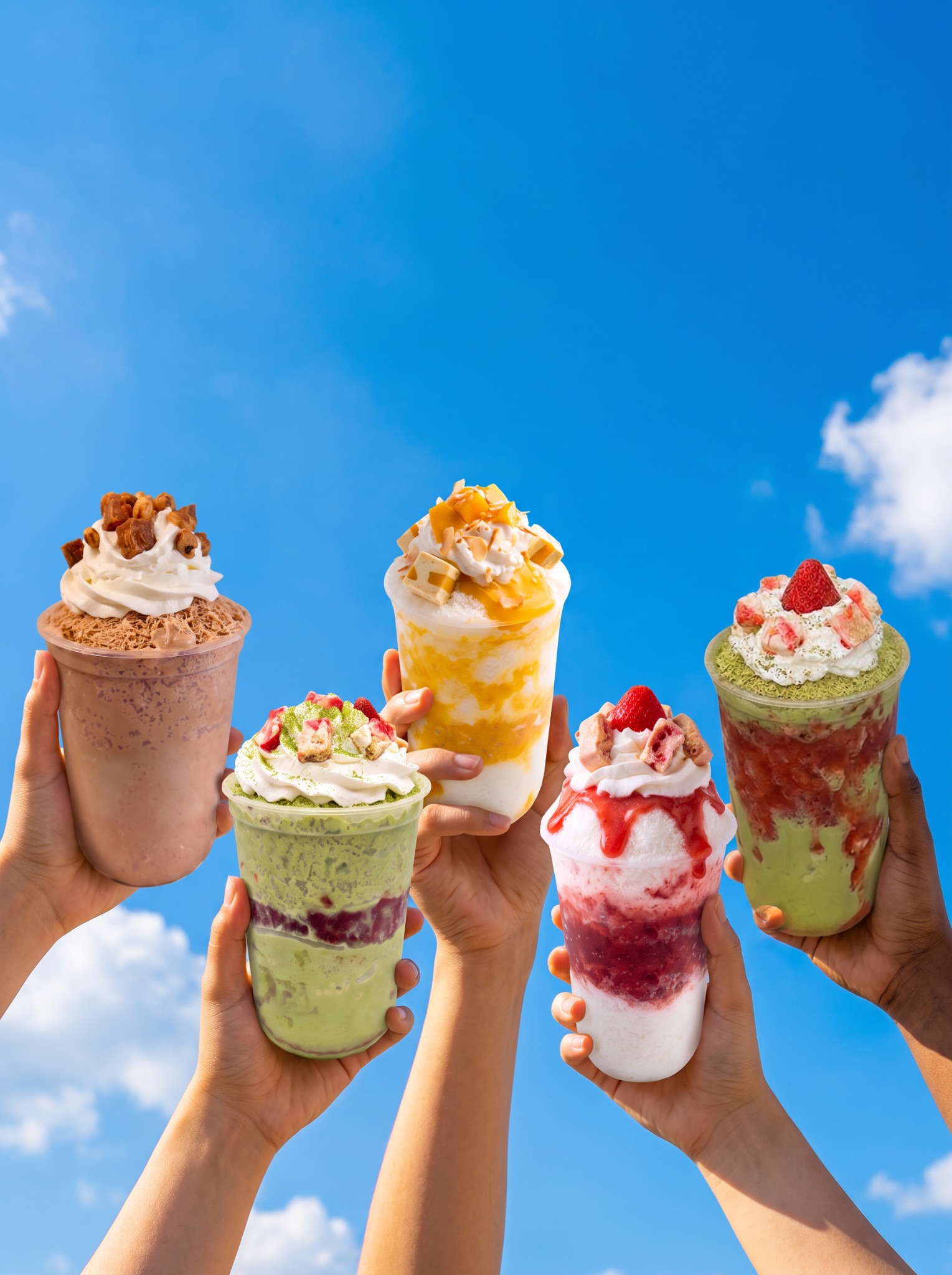 Five Snow° shaved ice cups held up against a bright blue sky